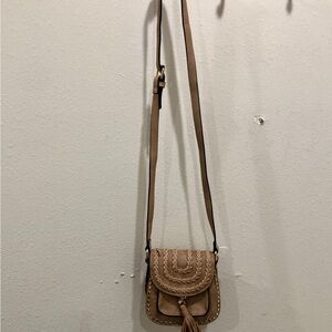 Tan Mini Saddle Crossbody Bag with Flap Closure